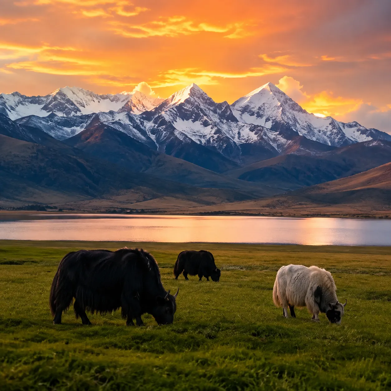 Napa Lake seasonal alpine wetland with grazing yaks horses and snow-capped mountain backdrop under golden sunset light in Shangri-La Yunnan