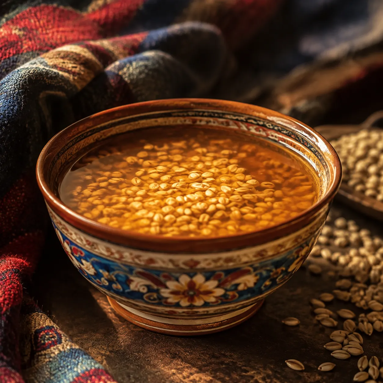 Traditional Tibetan highland barley wine served warm in ceramic cup at Tibetan home in Shangri-La Yunnan